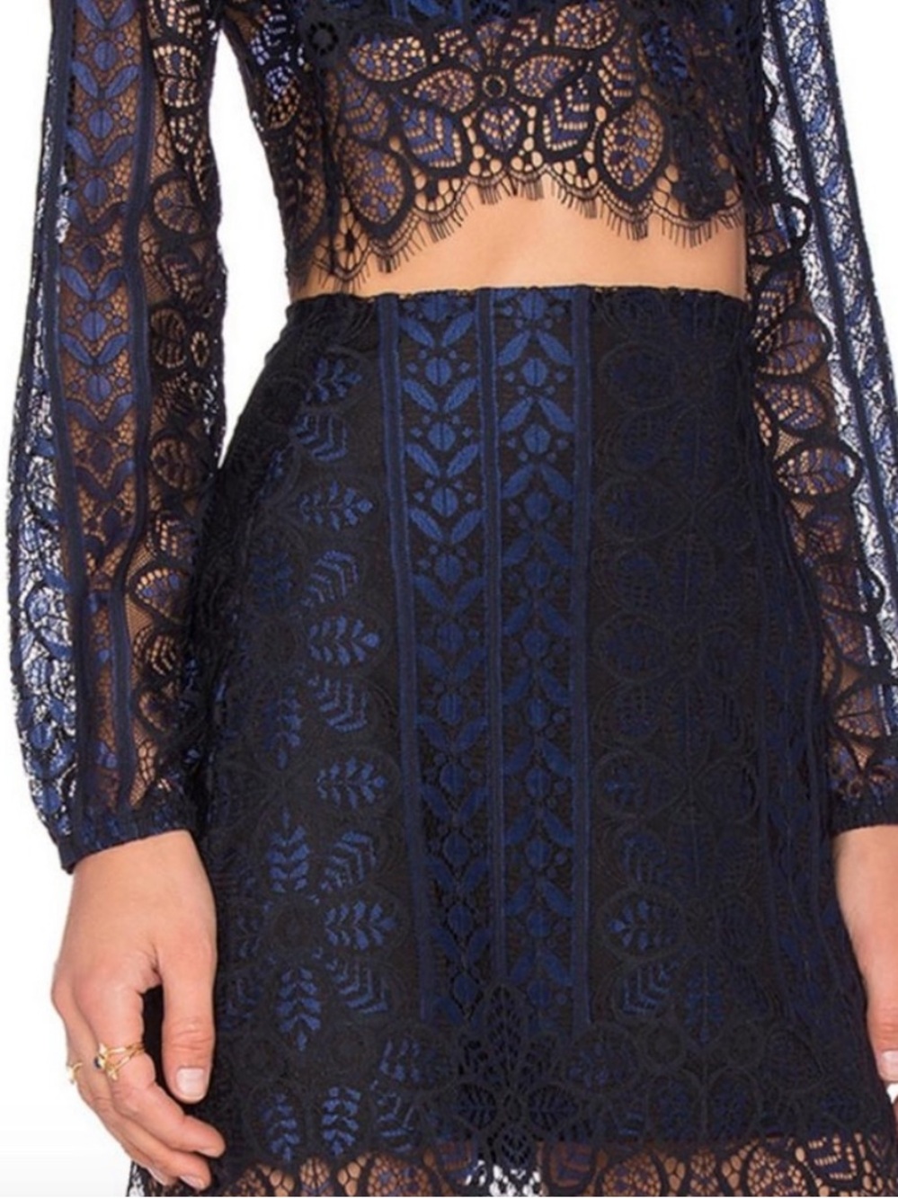 For Love And Lemons Lyla Navy Lace Top + Mini Skirt Set